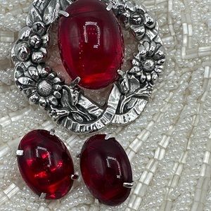 Rare 1950’s Whiting And David Co. Red And Silver Brooch With Earrings Set #563